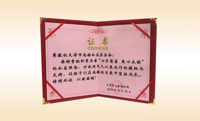 2019年1月-壹贰博网页版公益基金会荣获-天津市儿童福利院颁发的荣誉证书
